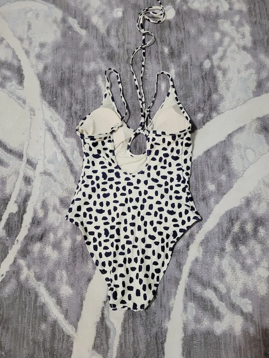 aerie White One-Piece Swimsuit with Navy Spot Print and Keyhole Size M - Picture 2 of 3